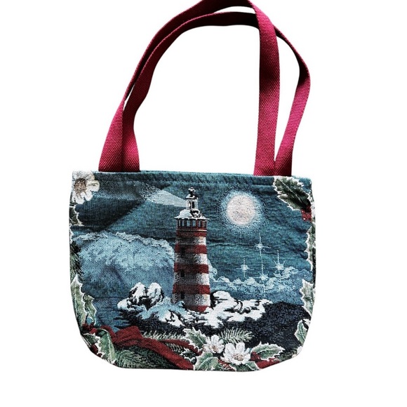 Tapestry Shoulder Tote Bag Lighthouse Coastal Christmas Winter Holiday - Picture 2 of 5